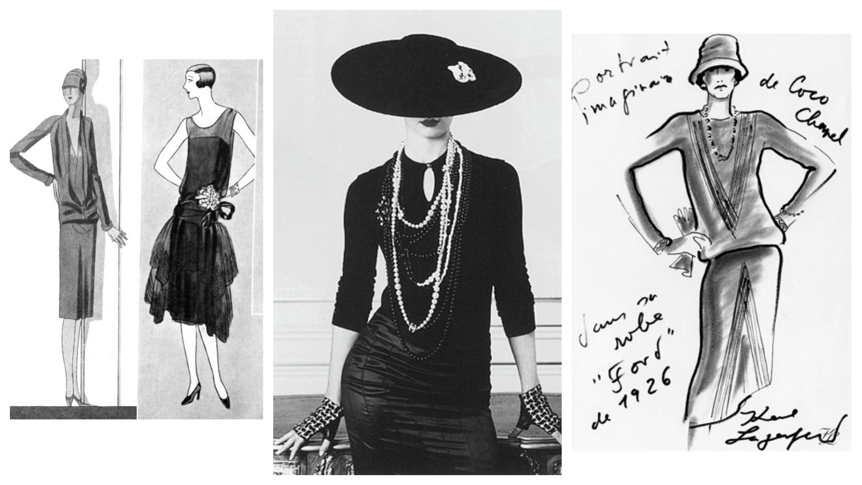 Croquis et rendu de la petite robe noire de Coco Chanel