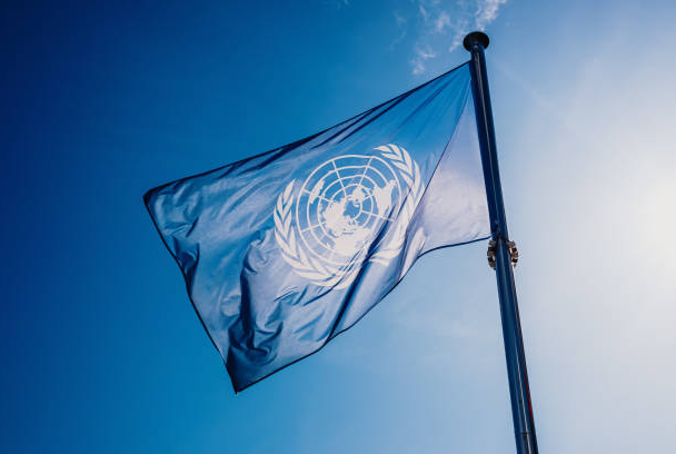 Drapeau de l'ONU représenant un mappemonde bleu entouré d'uneune couronne de branches d’olivier bleue.