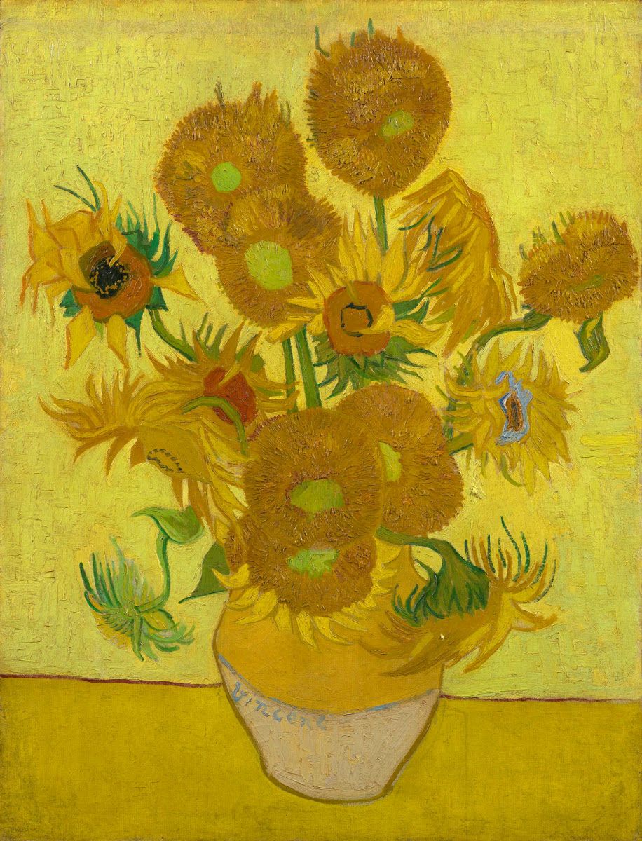 Peinture impressioniste de tournesols jaunes sur fond jaune. 
