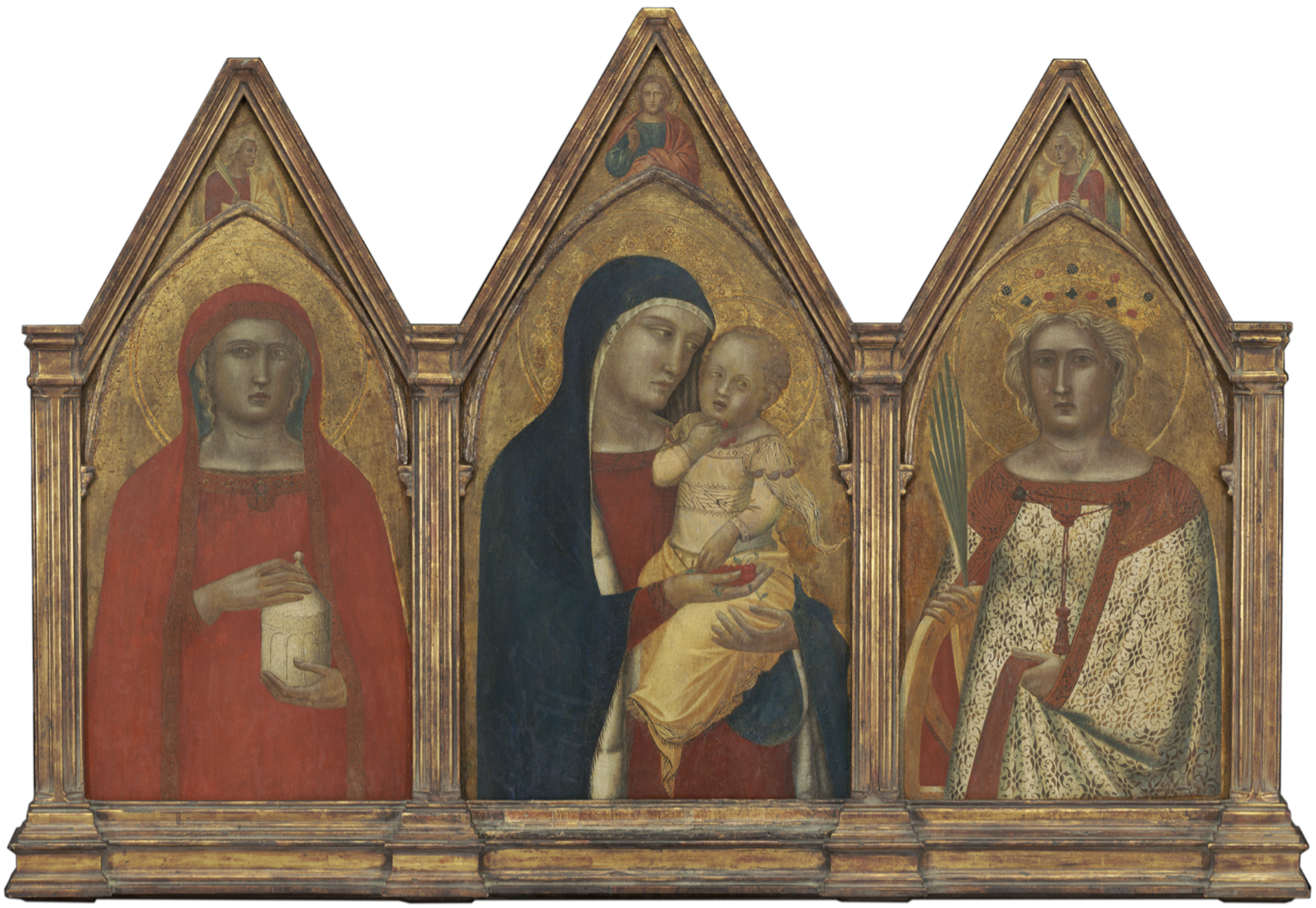 Tryptique religueux avec de gauche à droite : Marie Madeleine, Marie et le christ ainsi que Catherine d'Alexandrie.