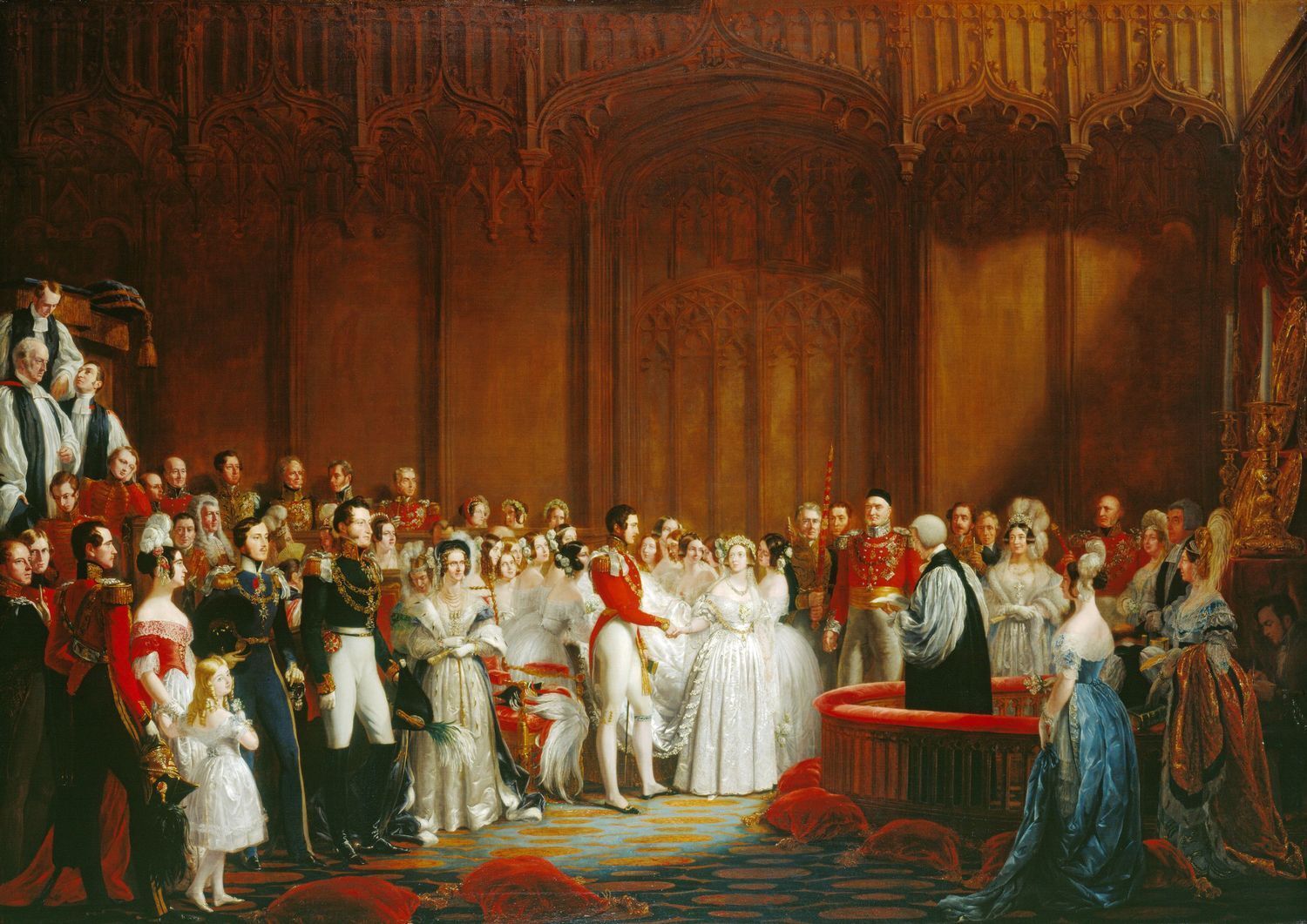 Peinture avec au centre la reine Victoria vétue de blanc et entourée de ses servants. 