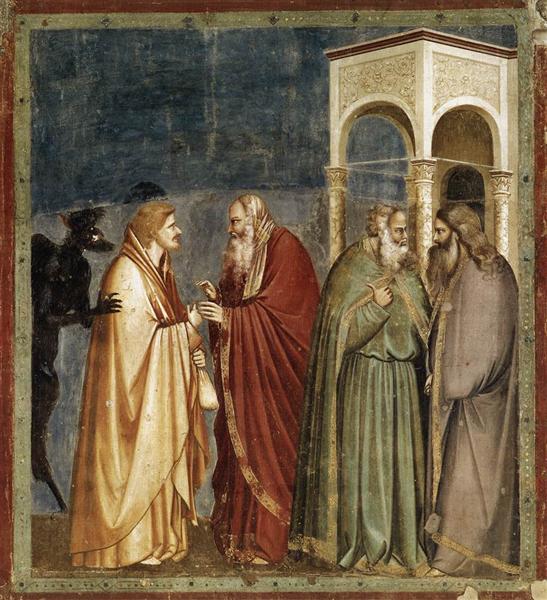 Peinture représentant la trahision de Judas. Le diable souffle dans l'oreille de Judas, alors que ce dernier, vétu de jaune, se fait payer par un homme pour sa trahison.
