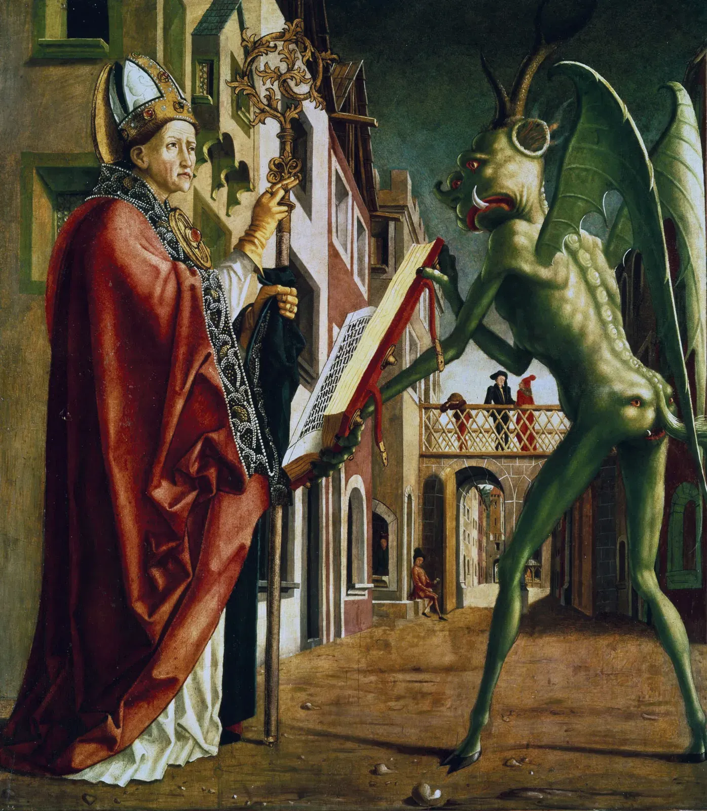 Peinture du diable sous forme de reptile qui tend un livre à Saint Augustin